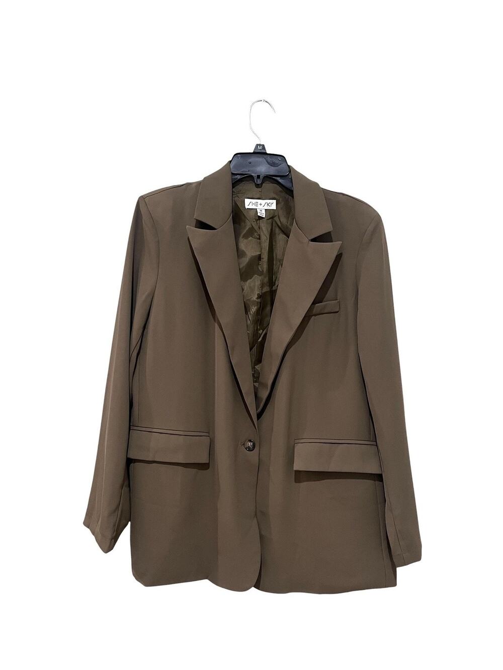 She + Sky Blazer Womens Medium Khaki Brown One Button Lined Lightweight Jacket
